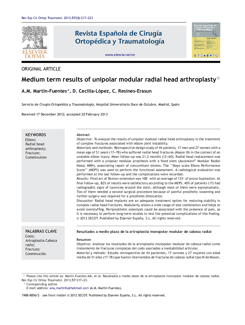 Medium term results of unipolar modular radial head arthroplasty 