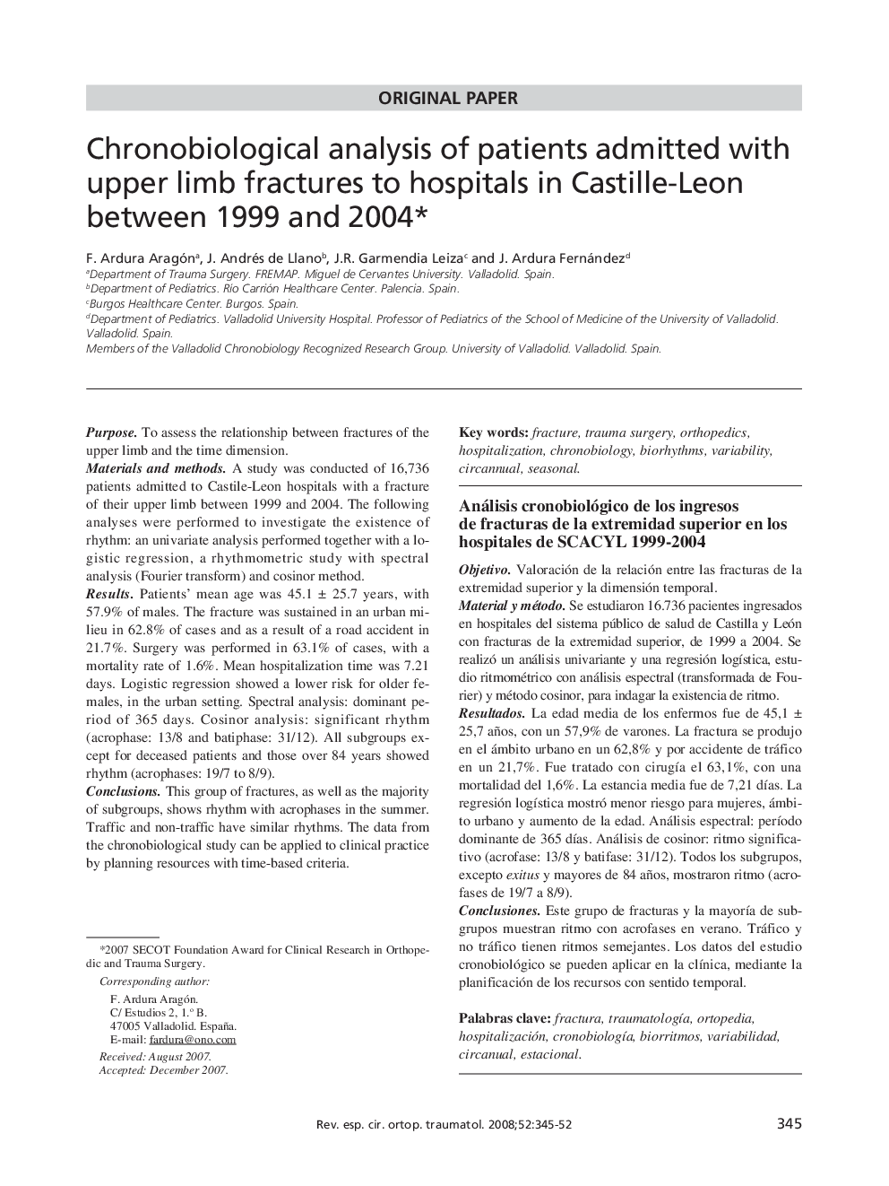 Chronobiological analysis of patients admitted with upper limb fractures to hospitals in Castille-Leon between 1999 and 2004 