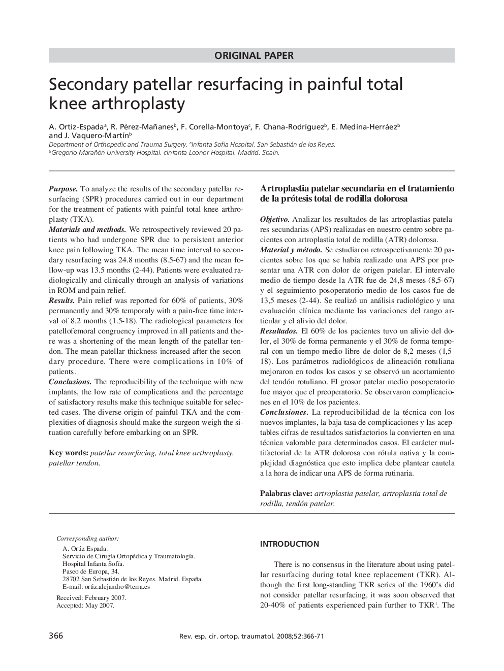 Secondary patellar resurfacing in painful total knee arthroplasty