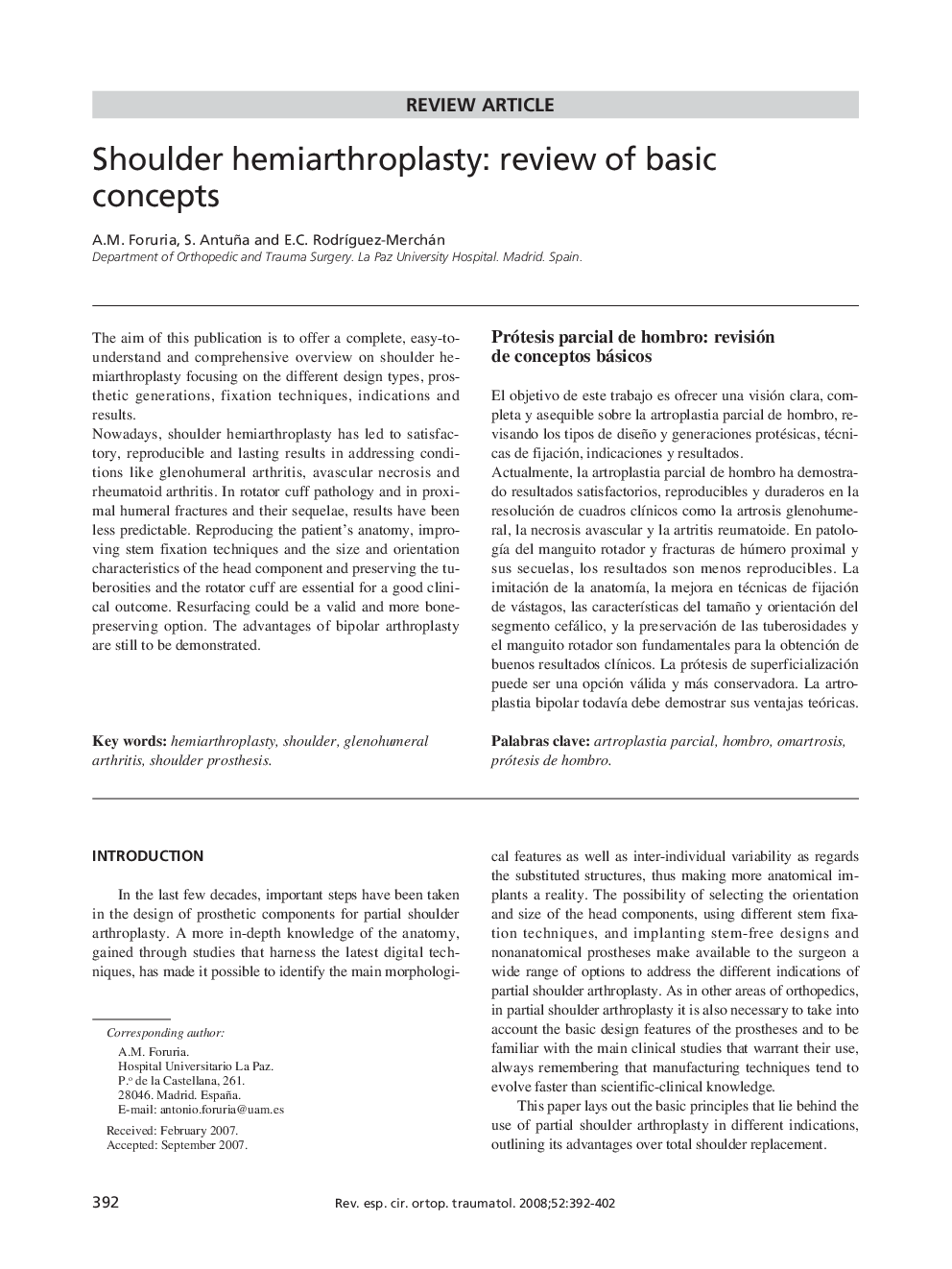 Shoulder hemiarthroplasty: review of basic concepts