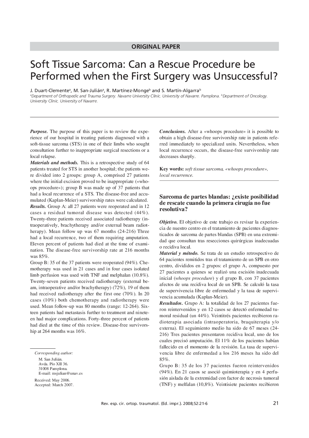Soft Tissue Sarcoma: Can a Rescue Procedure be Performed when the First Surgery was Unsuccessful?