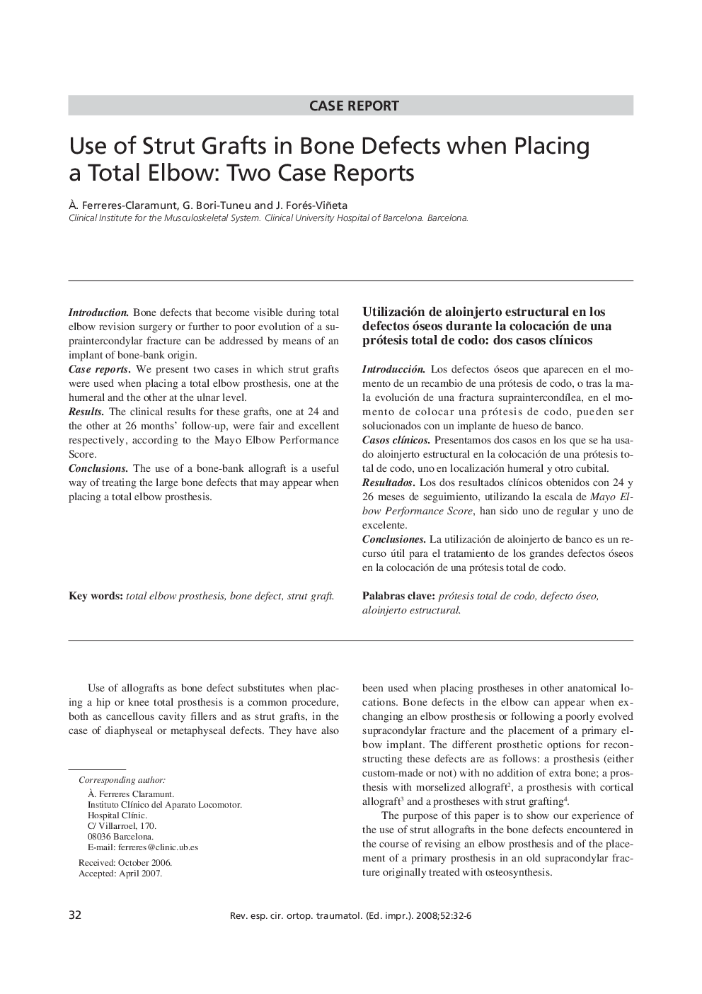 Use of Strut Grafts in Bone Defects when Placing a Total Elbow: Two Case Reports