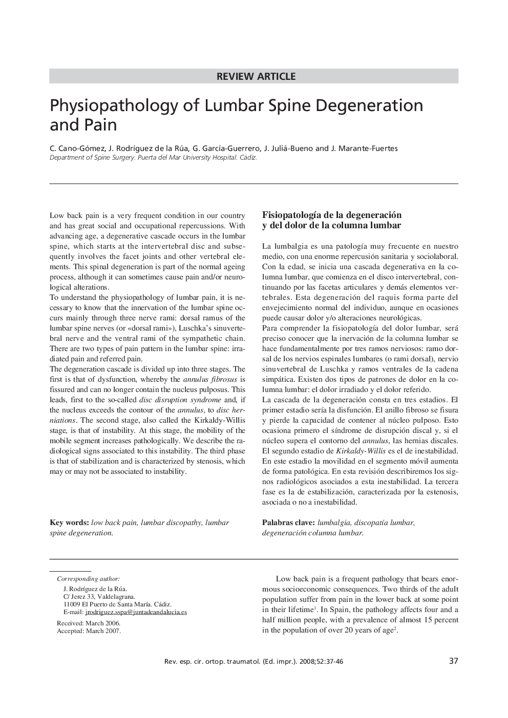 Physiopathology of Lumbar Spine Degeneration and Pain