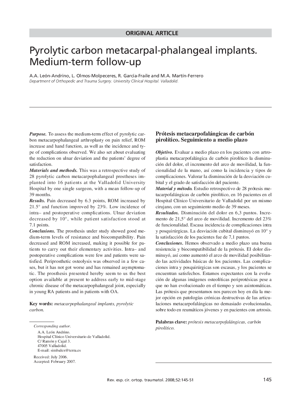 Pyrolytic carbon metacarpal-phalangeal implants. Medium-term follow-up