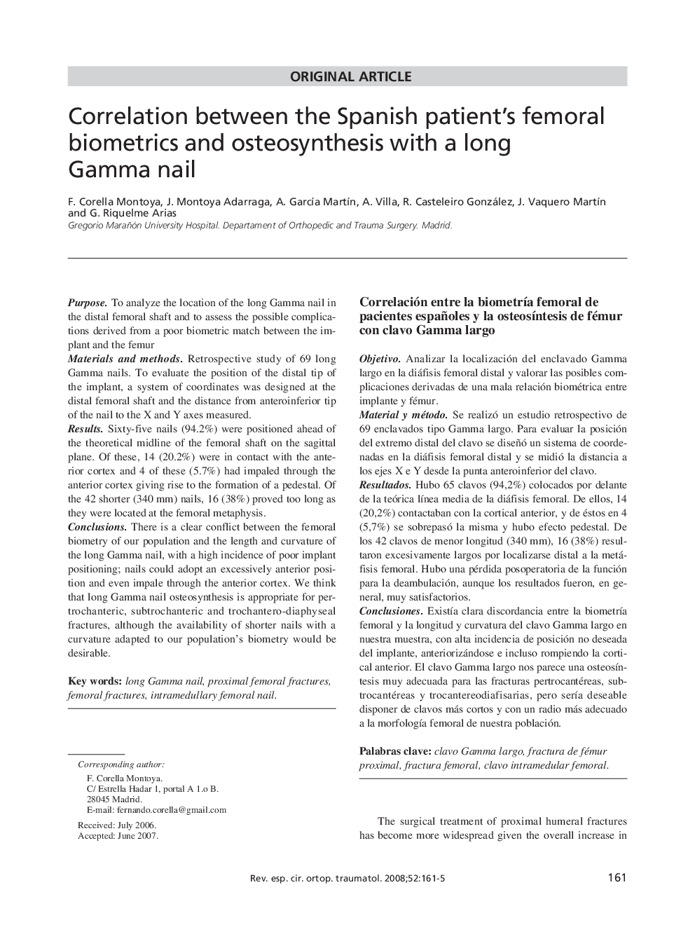 Correlation between the Spanish patient's femoral biometrics and osteosynthesis with a long Gamma nail