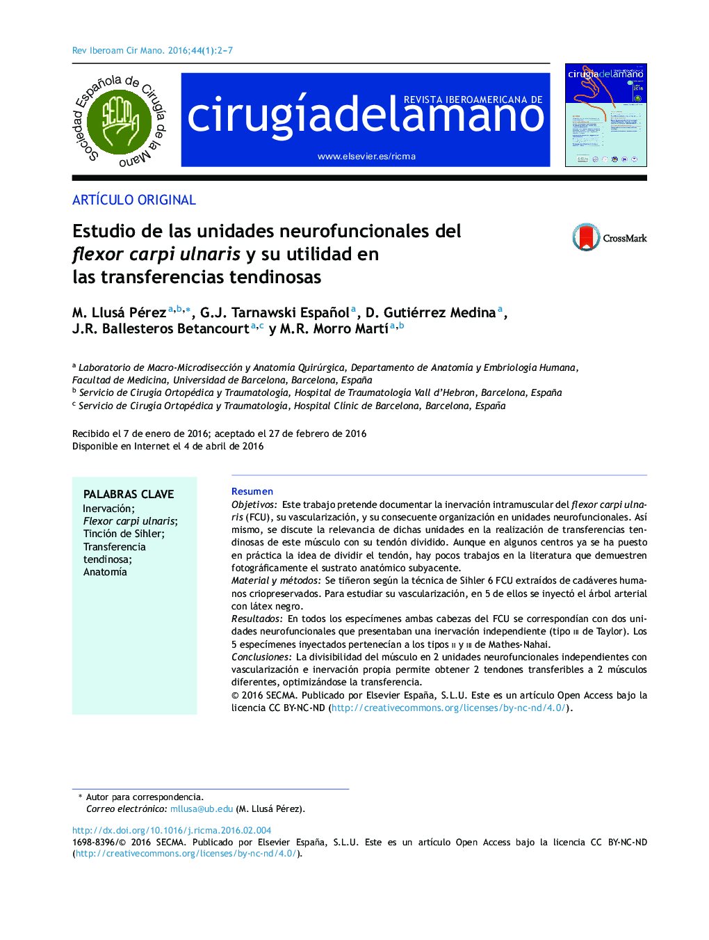 Estudio de las unidades neurofuncionales del flexor carpi ulnaris y su utilidad en las transferencias tendinosas