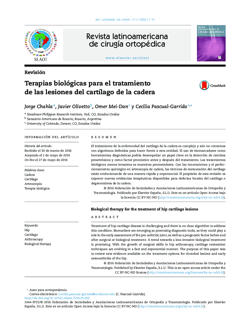 Terapias biológicas para el tratamiento de las lesiones del cartílago de la cadera