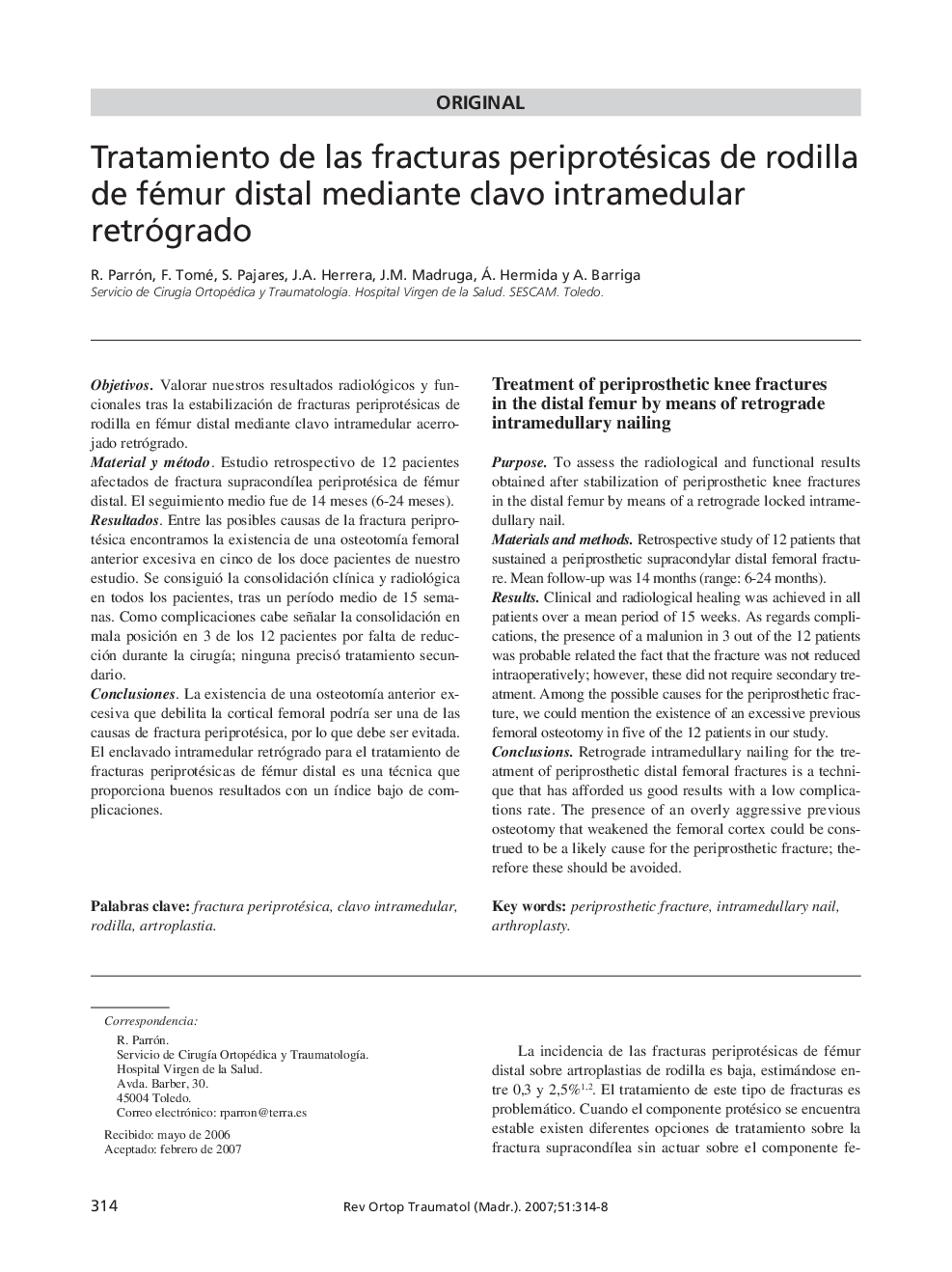 Tratamiento de las fracturas periprotésicas de rodilla de fémur distal mediante clavo intramedular retrógrado