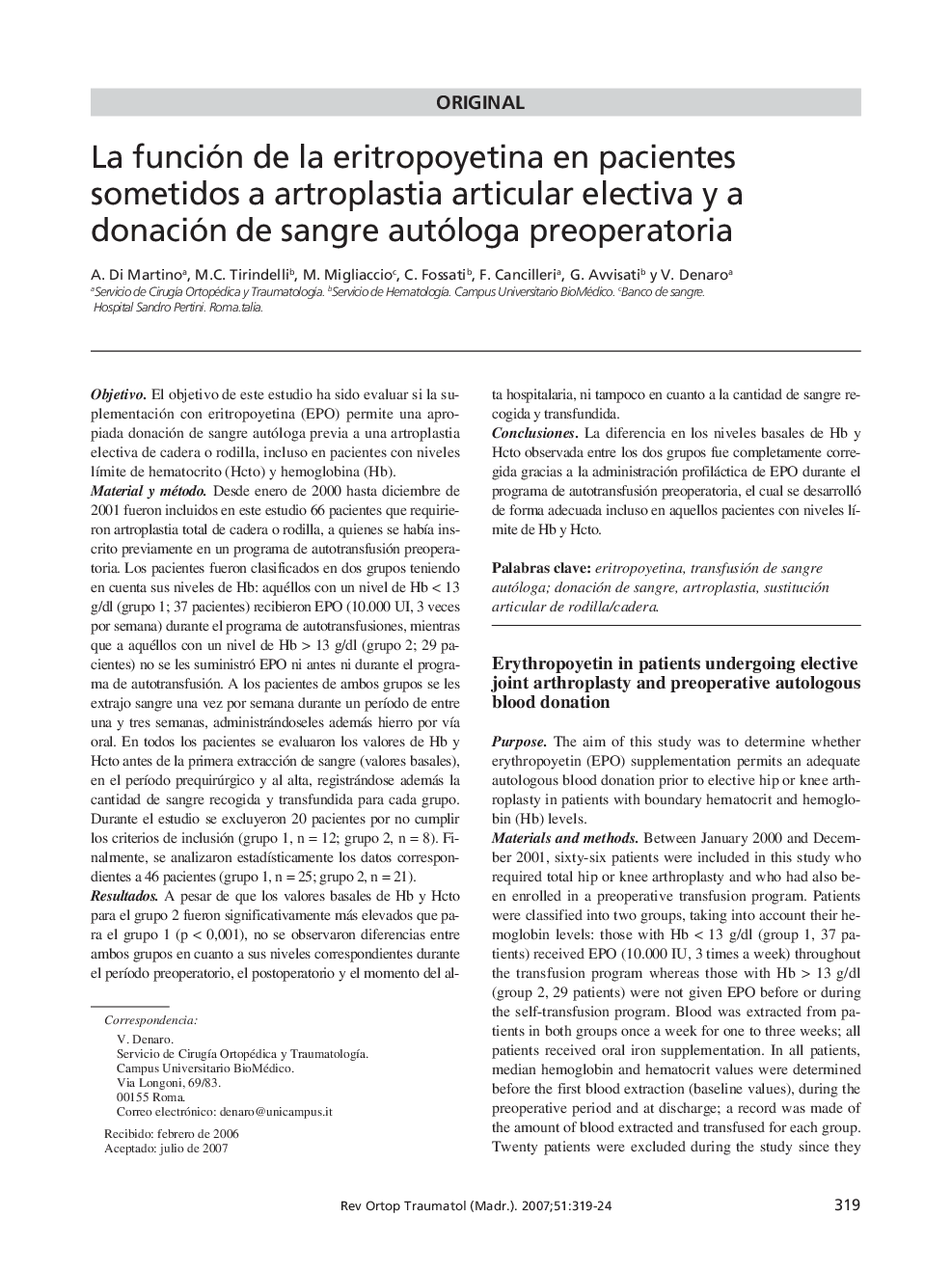 La función de la eritropoyetina en pacientes sometidos a artroplastia articular electiva y a donación de sangre autóloga preoperatoria