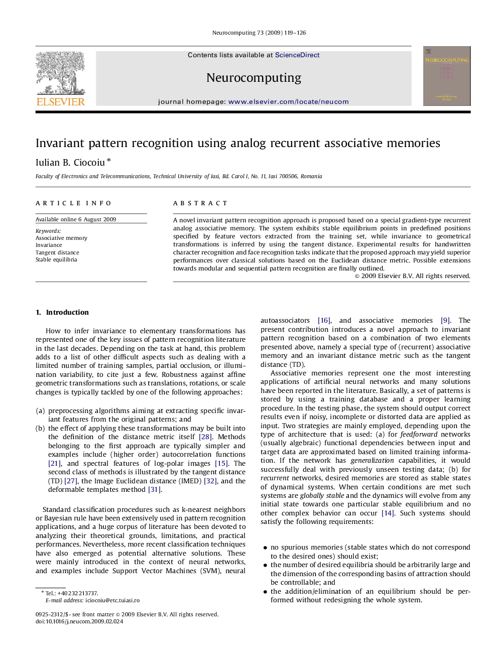 Invariant pattern recognition using analog recurrent associative memories