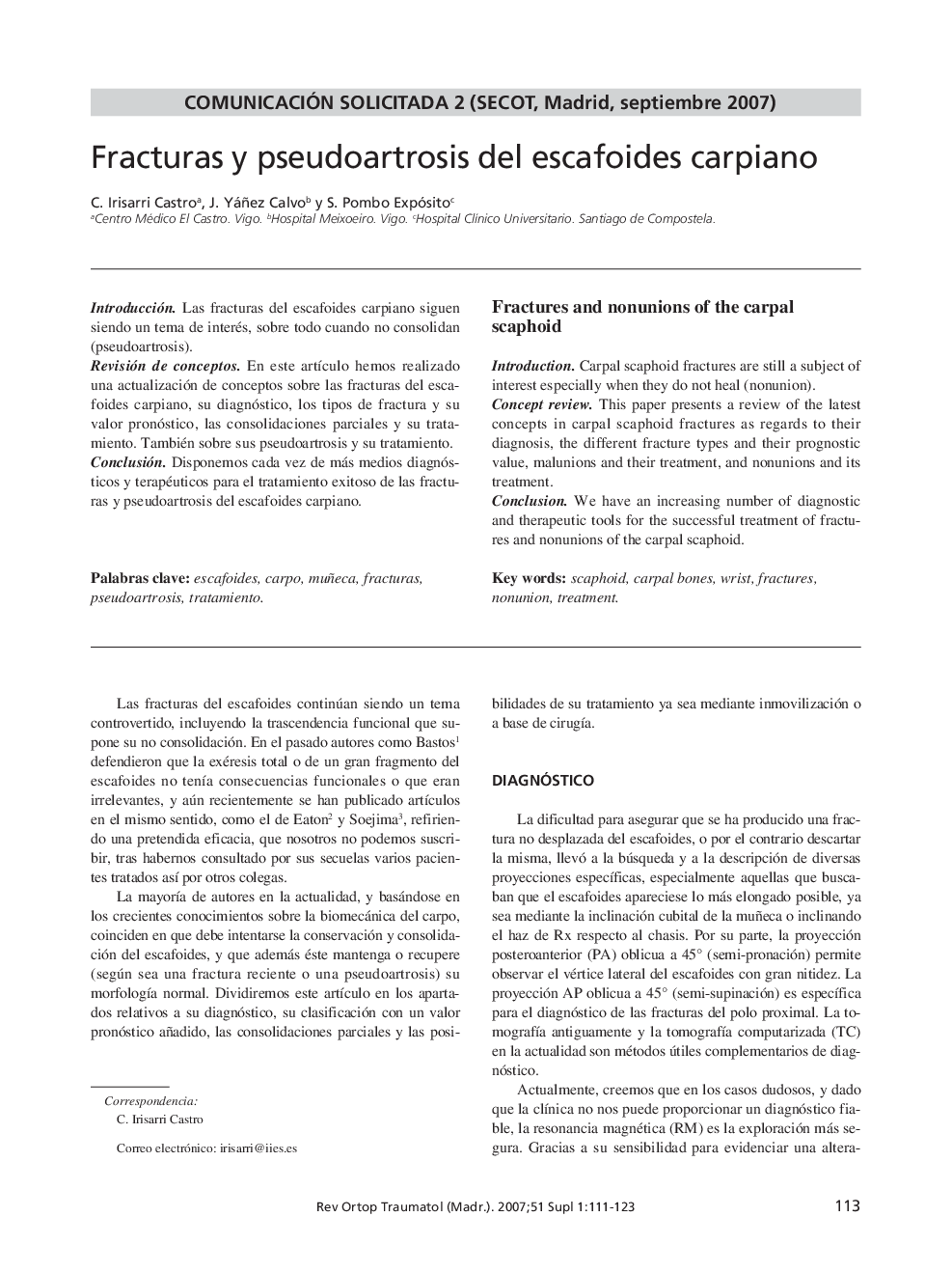 Fracturas y pseudoartrosis del escafoides carpiano