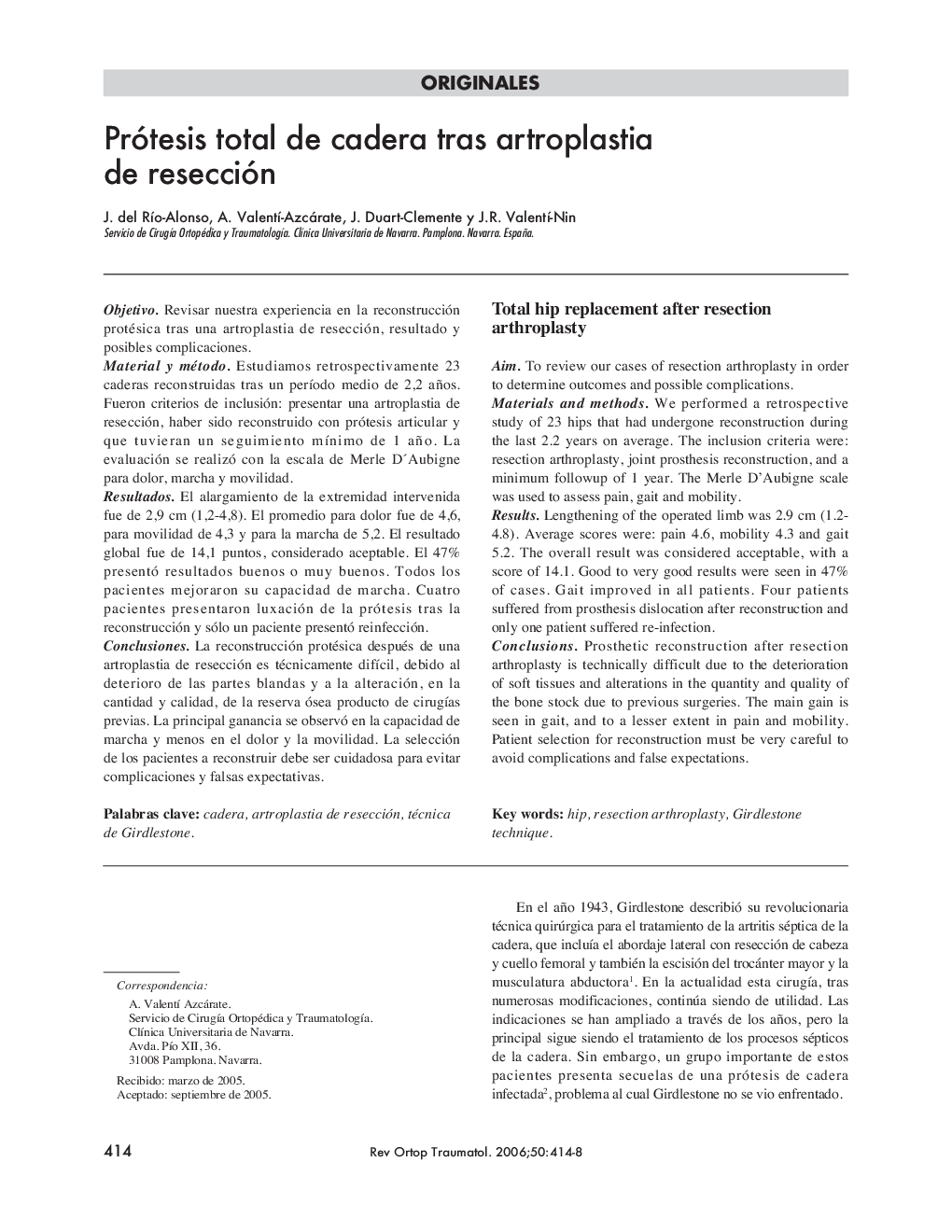 Prótesis total de cadera tras artroplastia de resección