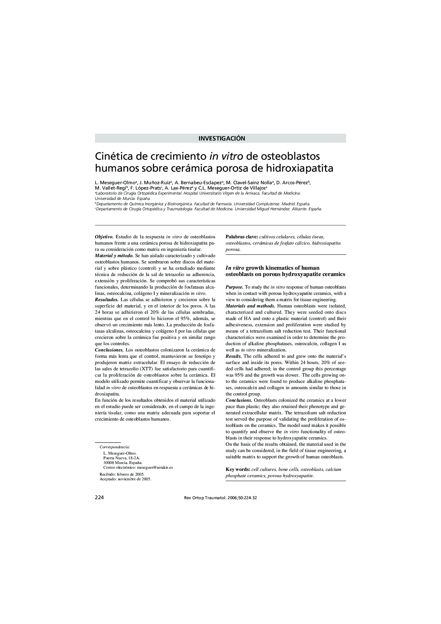 Cinética de crecimiento in vitro de osteoblastos humanos sobre cerámica porosa de hidroxiapatita