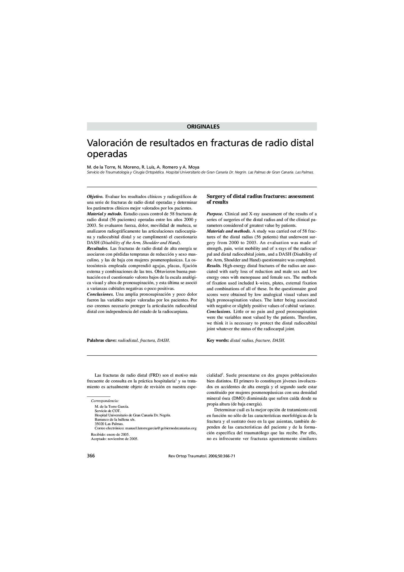 Valoración de resultados en fracturas de radio distal operadas