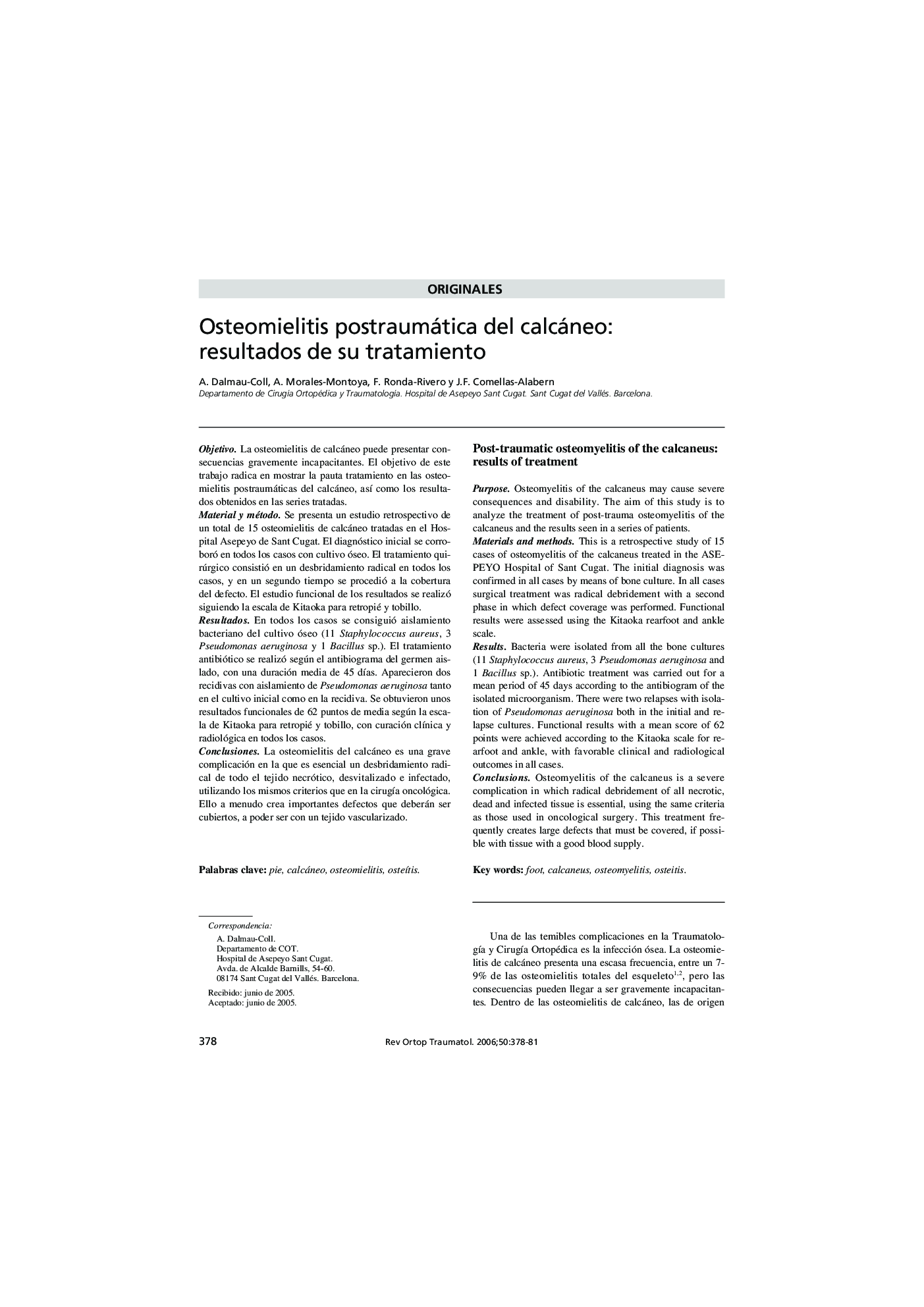 Osteomielitis postraumática del calcáneo: resultados de su tratamiento