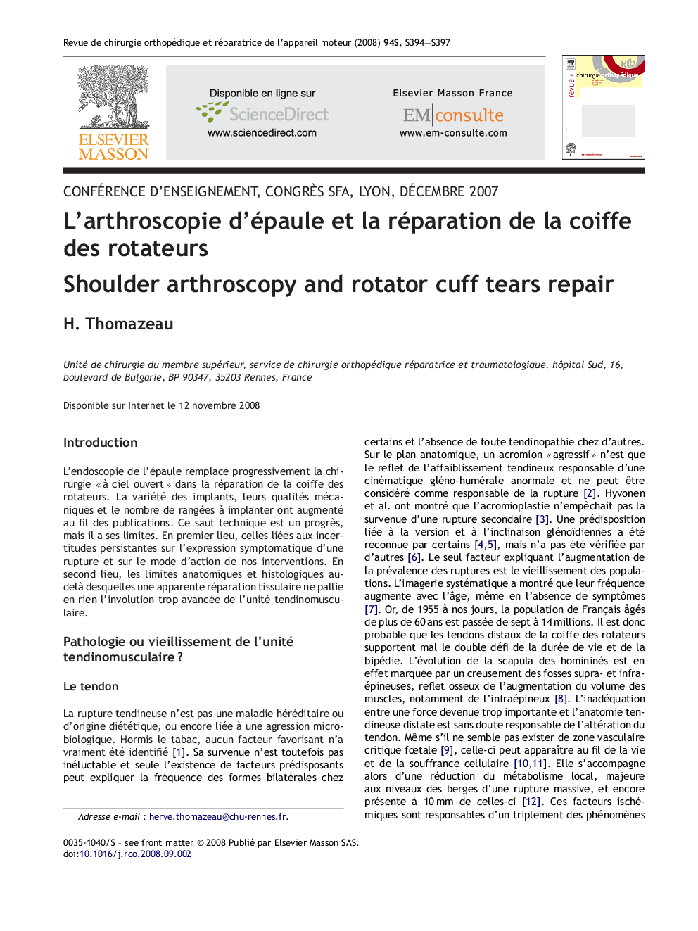 L'arthroscopie d'épaule et la réparation de la coiffe des rotateurs