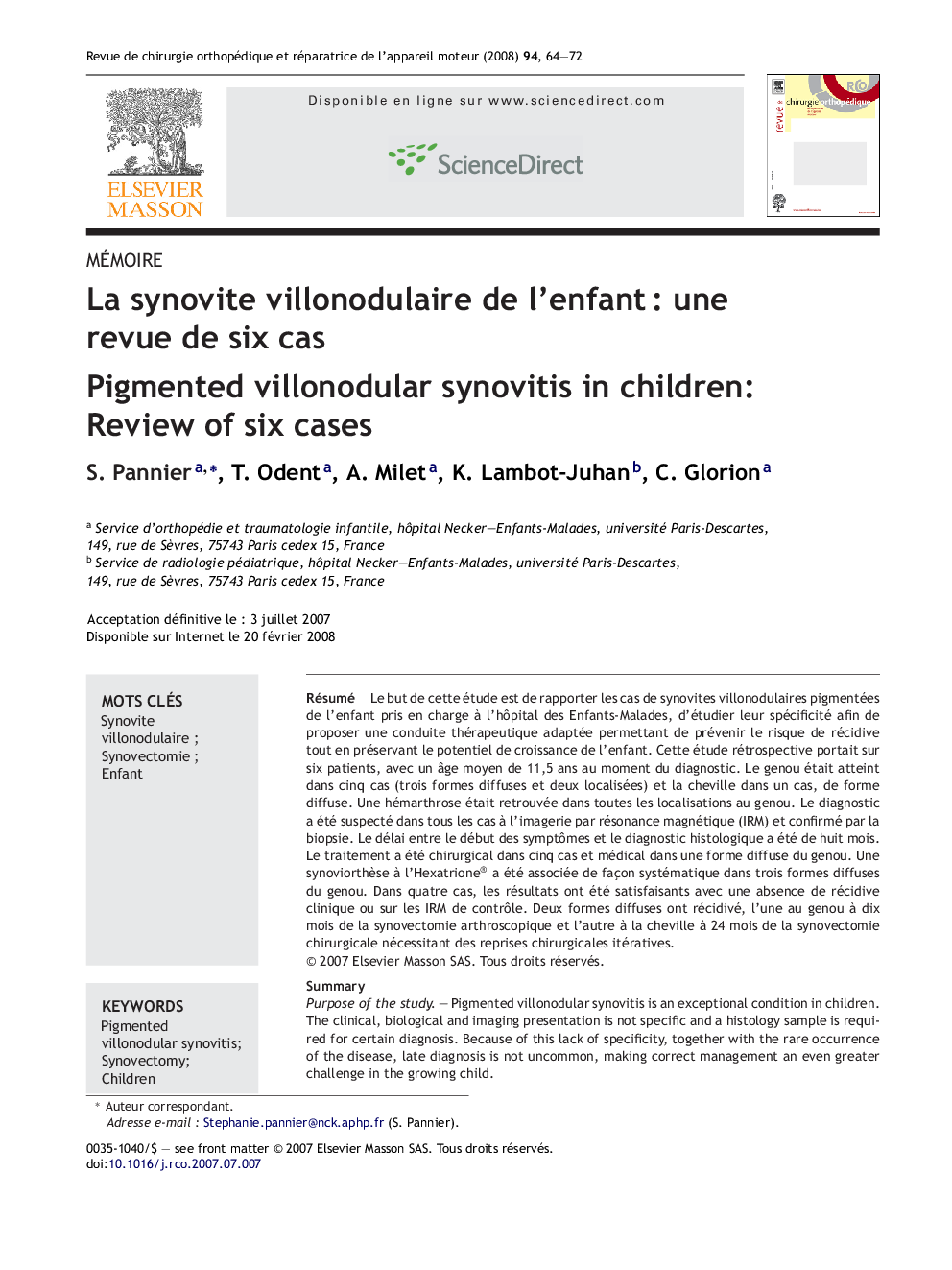 La synovite villonodulaire de l'enfantÂ : une revue de six cas