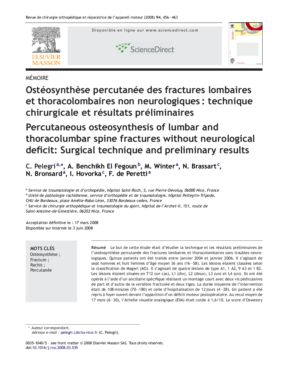 Ostéosynthèse percutanée des fractures lombaires et thoracolombaires non neurologiques : technique chirurgicale et résultats préliminaires