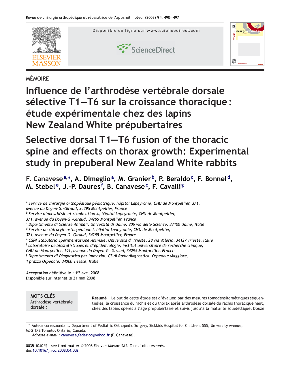 عکس صفحه اول مقاله: Influence de l’arthrodèse vertébrale dorsale sélective T1–T6 sur la croissance thoracique : étude expérimentale chez des lapins New Zealand White prépubertaires Influence de l’arthrodèse vertébrale dorsale sélective T1–T6 sur la croissance thoracique : étude expérimentale chez des lapins New Zealand White prépubertaires