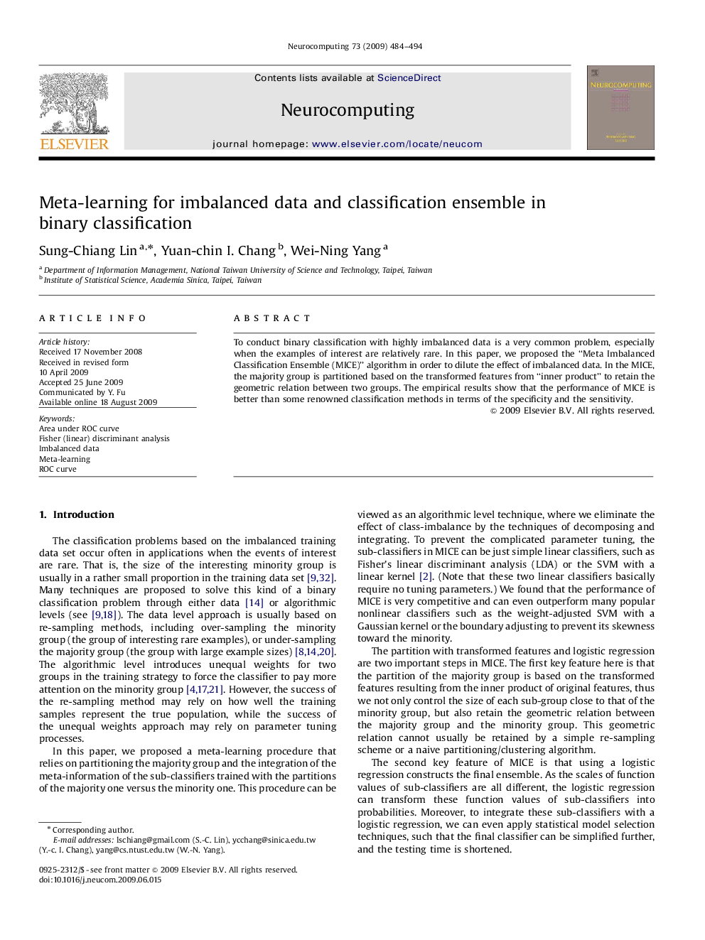 Meta-learning for imbalanced data and classification ensemble in binary classification