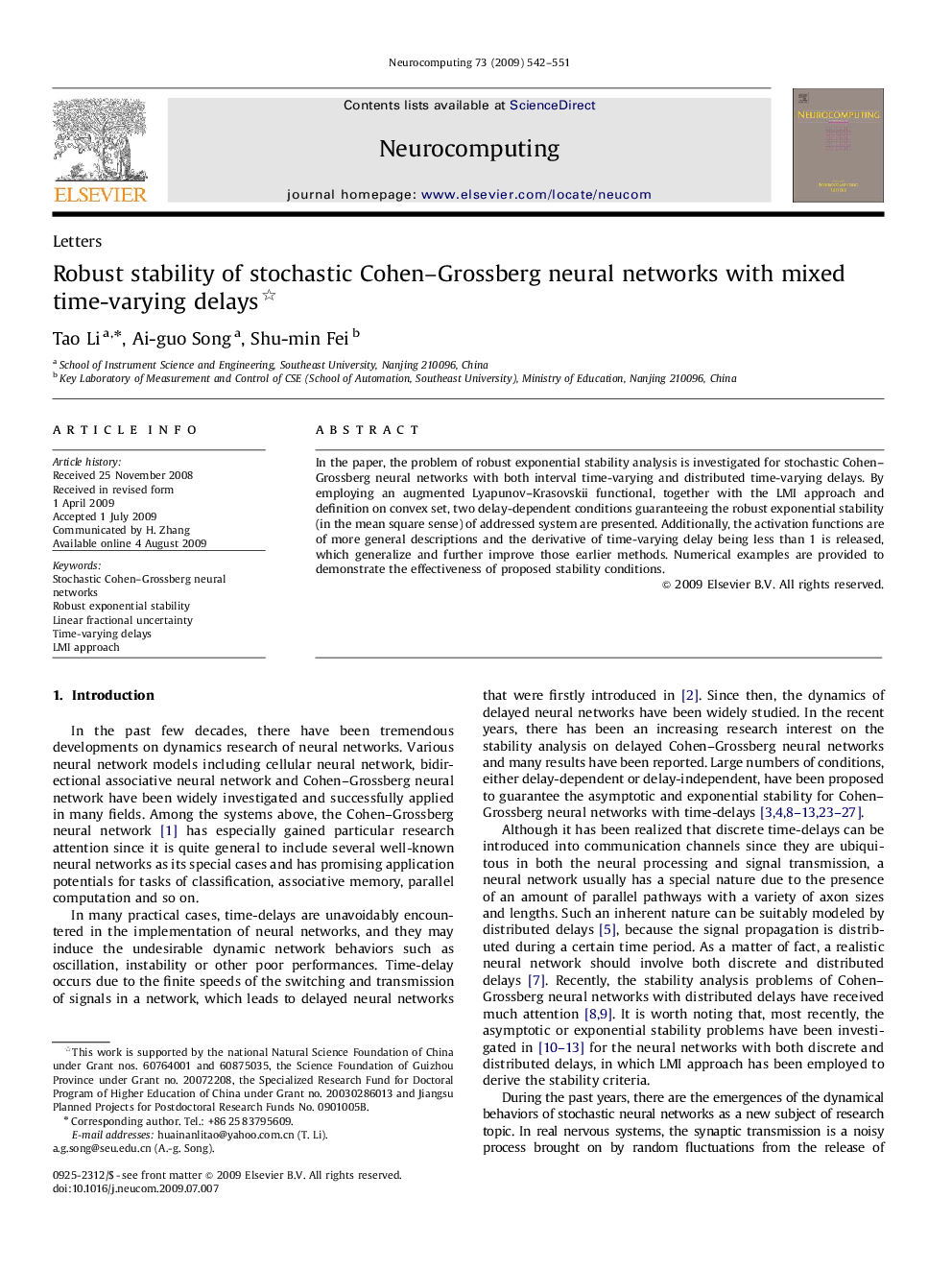 Robust stability of stochastic Cohen–Grossberg neural networks with mixed time-varying delays 