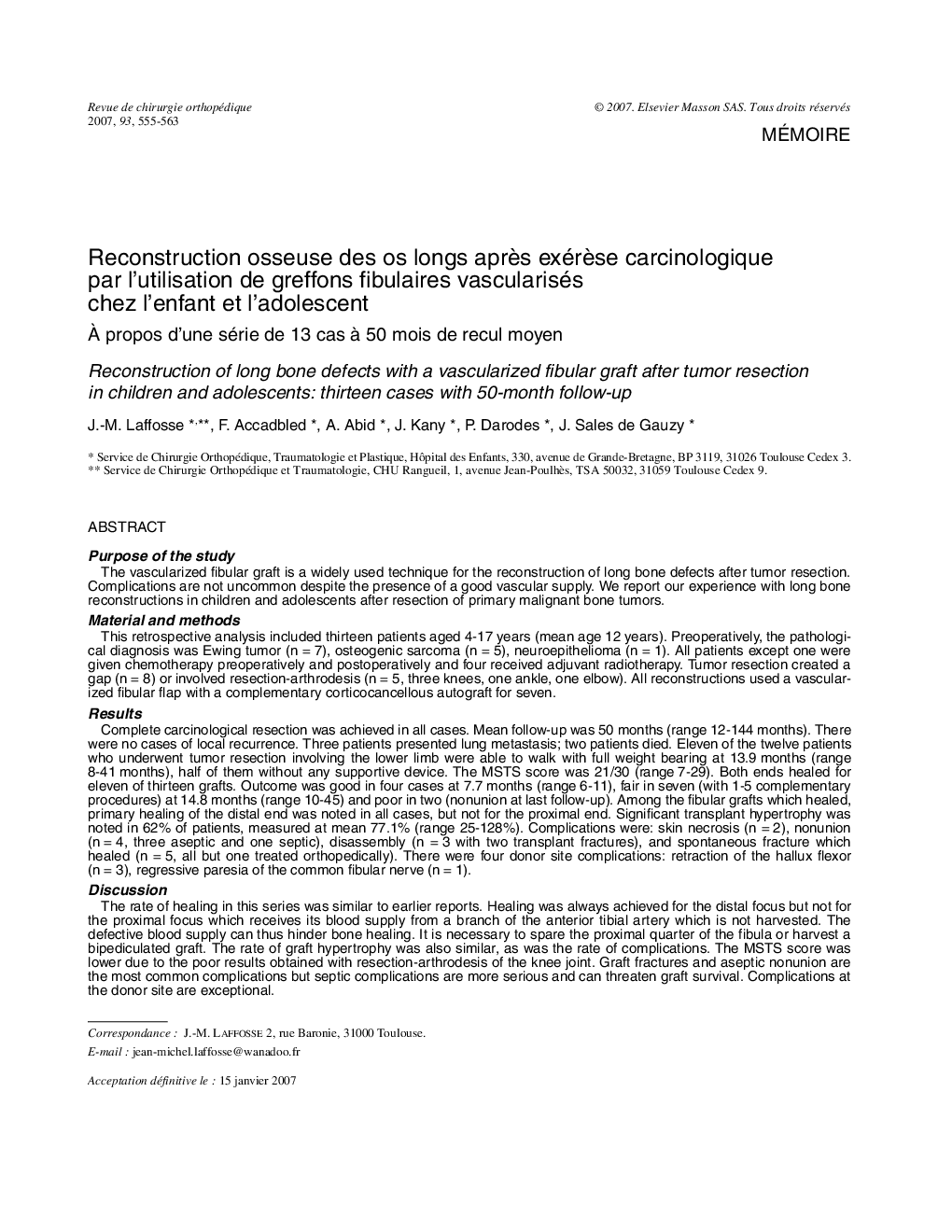 عکس صفحه اول مقاله: Reconstruction osseuse des os longs après exérèse carcinologique par l’utilisation de greffons fibulaires vascularisés chez l’enfant et l’adolescent: À propos d’une série de 13 cas à 50 mois de recul moyen Reconstruction osseuse des os longs après exérèse carcinologique par l’utilisation de greffons fibulaires vascularisés chez l’enfant et l’adolescent: À propos d’une série de 13 cas à 50 mois de recul moyen