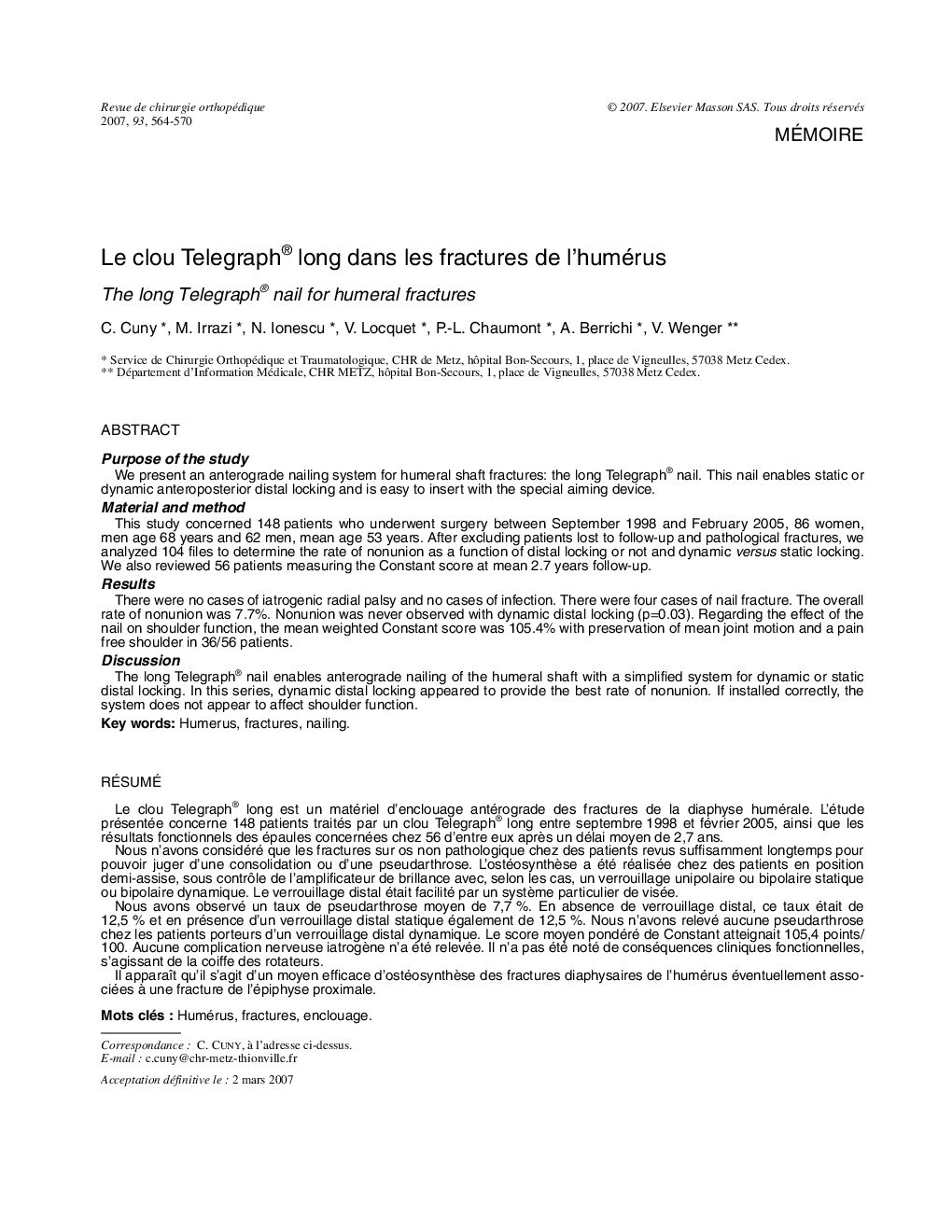 عکس صفحه اول مقاله: Le clou Telegraph® long dans les fractures de l’humérus Le clou Telegraph® long dans les fractures de l’humérus