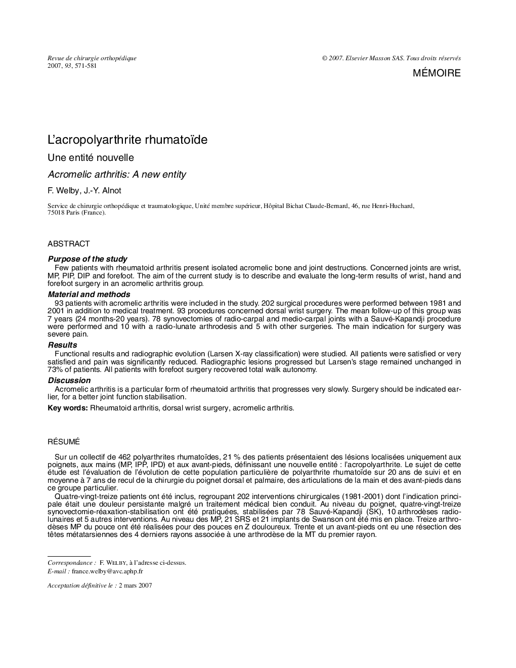 L’acropolyarthrite rhumatoïde: Une entité nouvelle