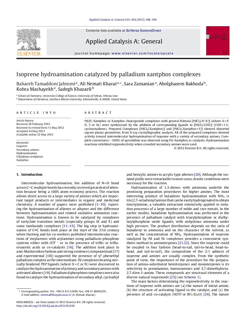 Isoprene hydroamination catalyzed by palladium xantphos complexes