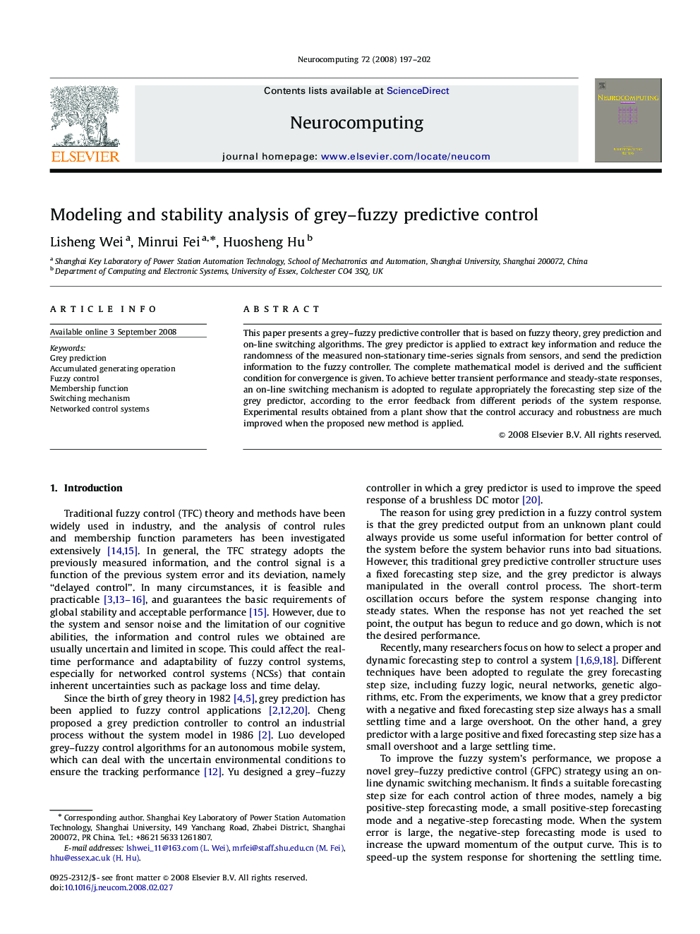 Modeling and stability analysis of grey–fuzzy predictive control