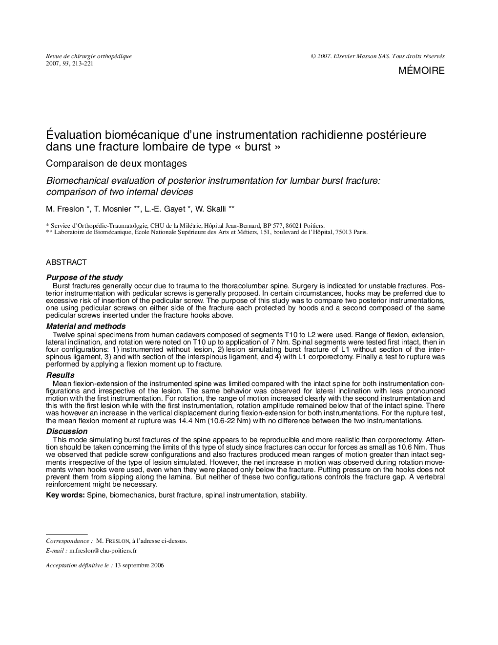 Évaluation biomécanique d’une instrumentation rachidienne postérieure dans une fracture lombaire de type « burst »: Comparaison de deux montages