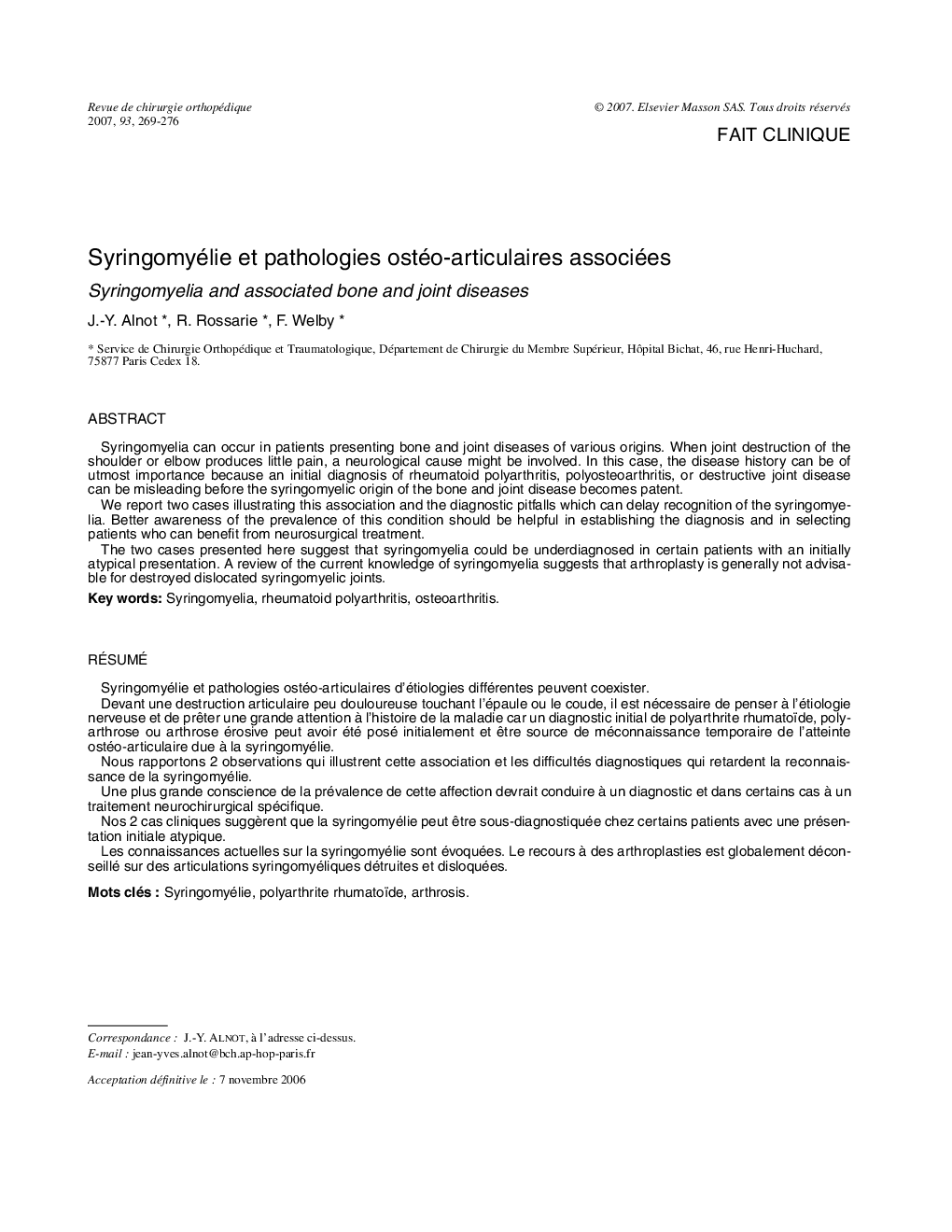 Syringomyélie et pathologies ostéo-articulaires associées