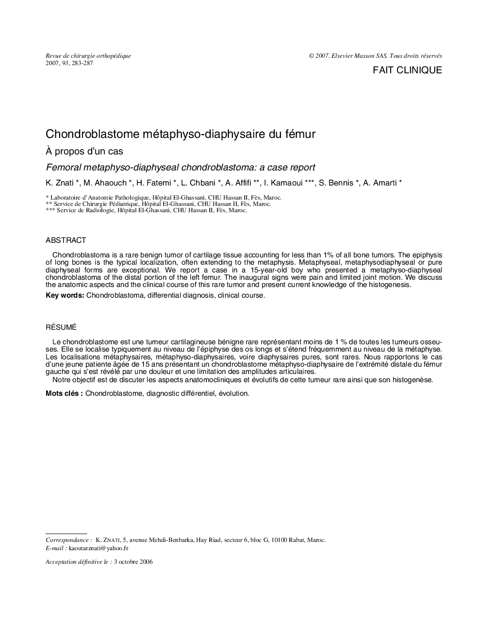 Chondroblastome métaphyso-diaphysaire du fémur: À propos d’un cas
