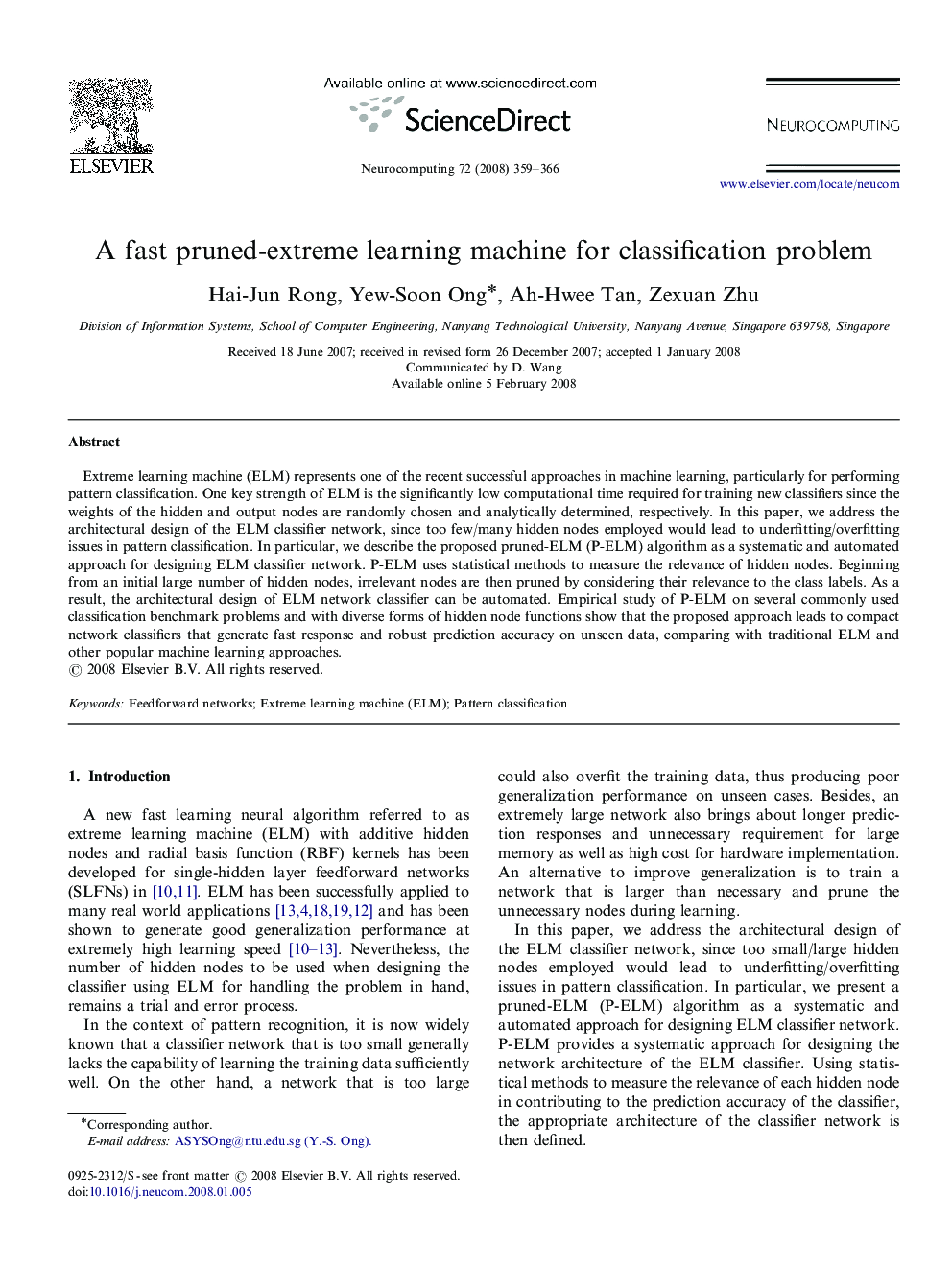 A fast pruned-extreme learning machine for classification problem