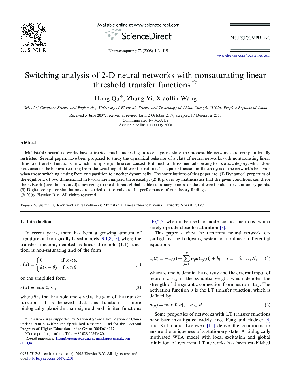 Switching analysis of 2-D neural networks with nonsaturating linear threshold transfer functions 