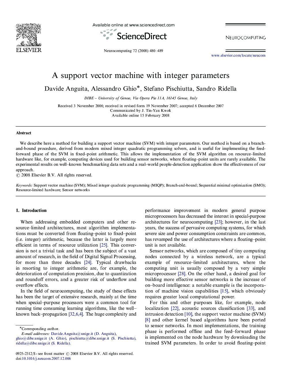 A support vector machine with integer parameters