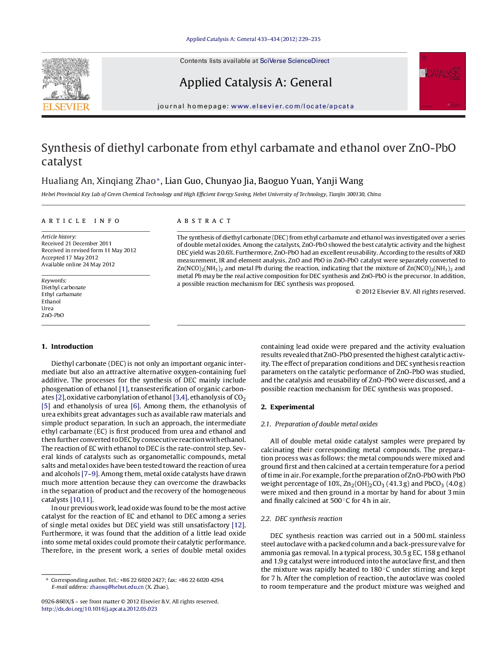 عکس صفحه اول مقاله: Synthesis of diethyl carbonate from ethyl carbamate and ethanol over ZnO-PbO catalyst Synthesis of diethyl carbonate from ethyl carbamate and ethanol over ZnO-PbO catalyst