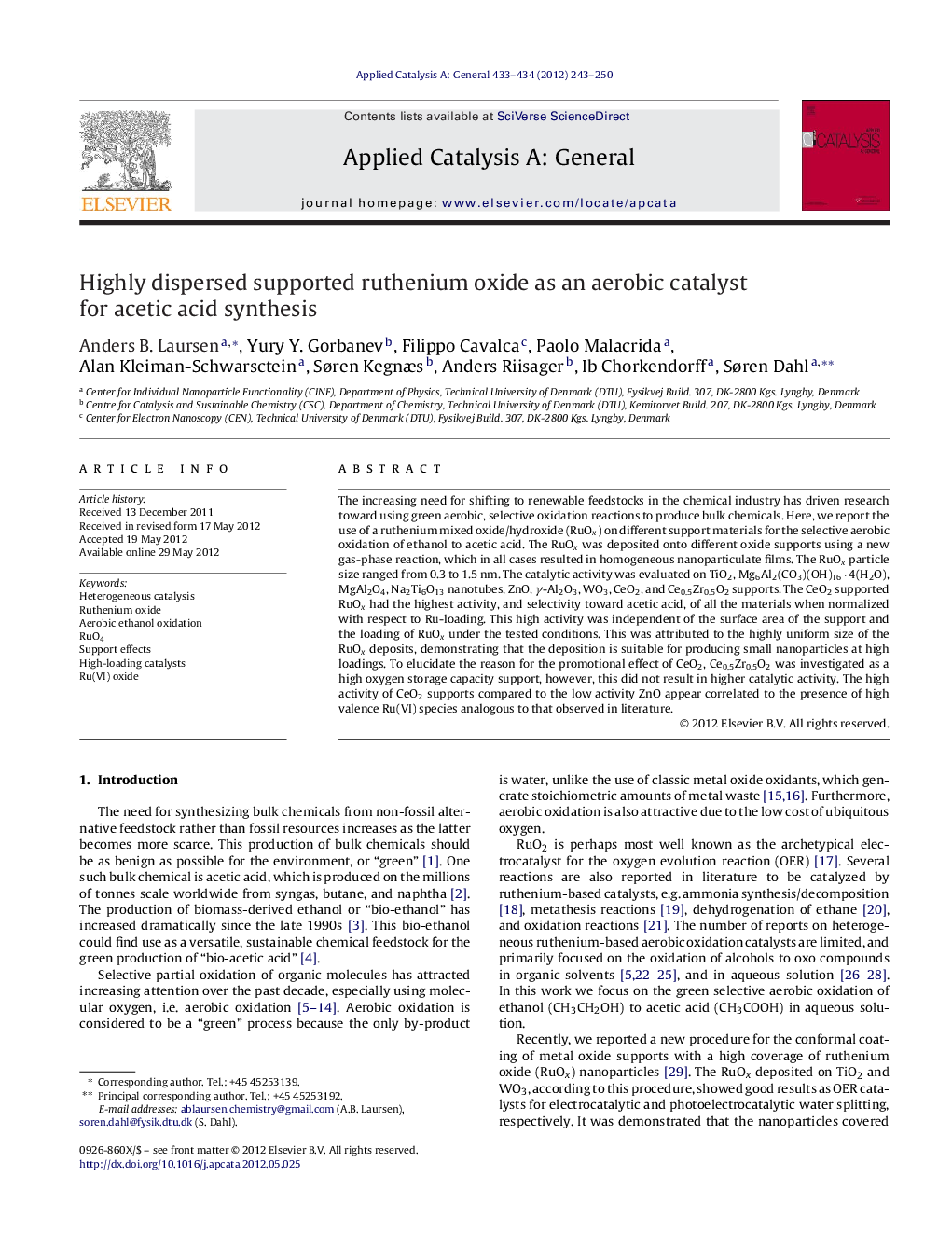 Highly dispersed supported ruthenium oxide as an aerobic catalyst for acetic acid synthesis