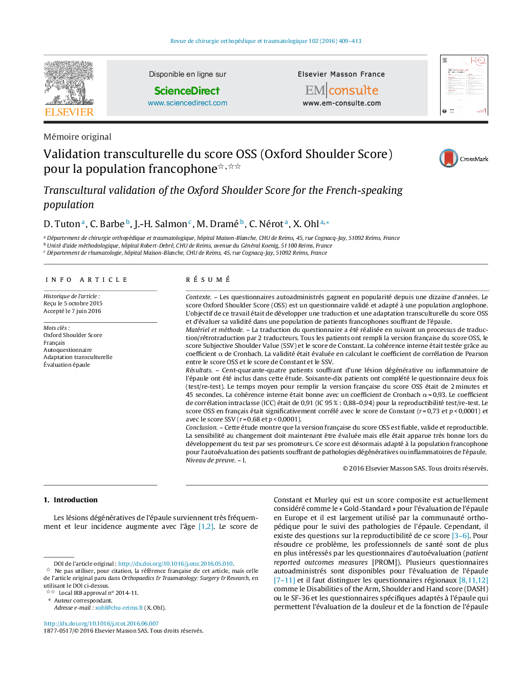 Validation transculturelle du score OSS (Oxford Shoulder Score) pour la population francophone 