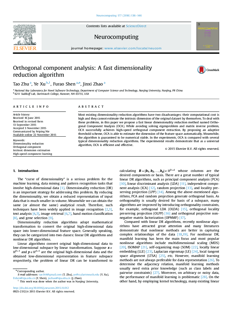 Orthogonal component analysis: A fast dimensionality reduction algorithm