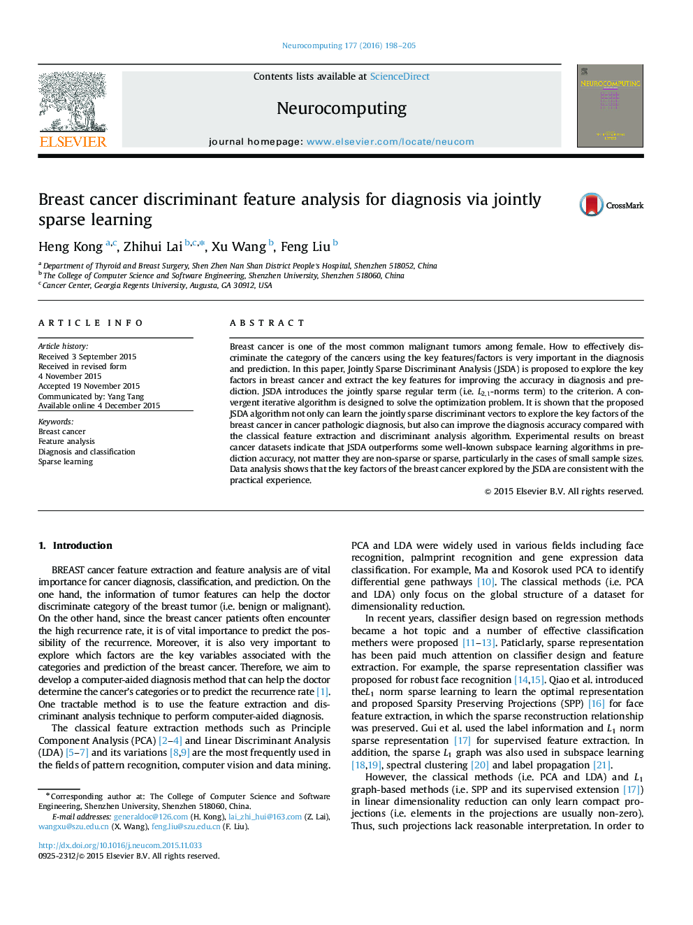 Breast cancer discriminant feature analysis for diagnosis via jointly sparse learning