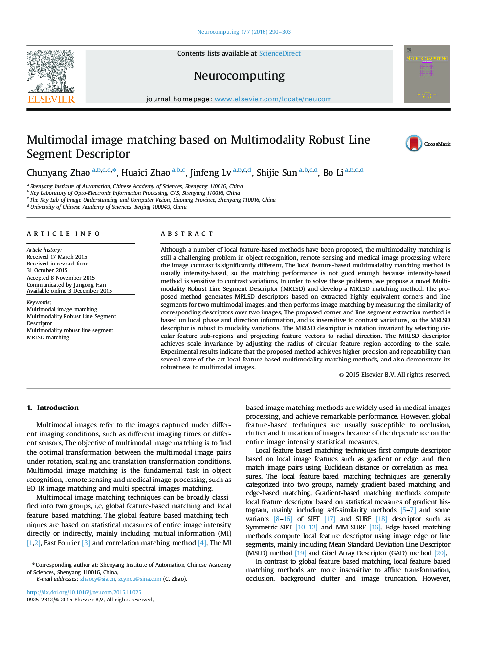 Multimodal image matching based on Multimodality Robust Line Segment Descriptor