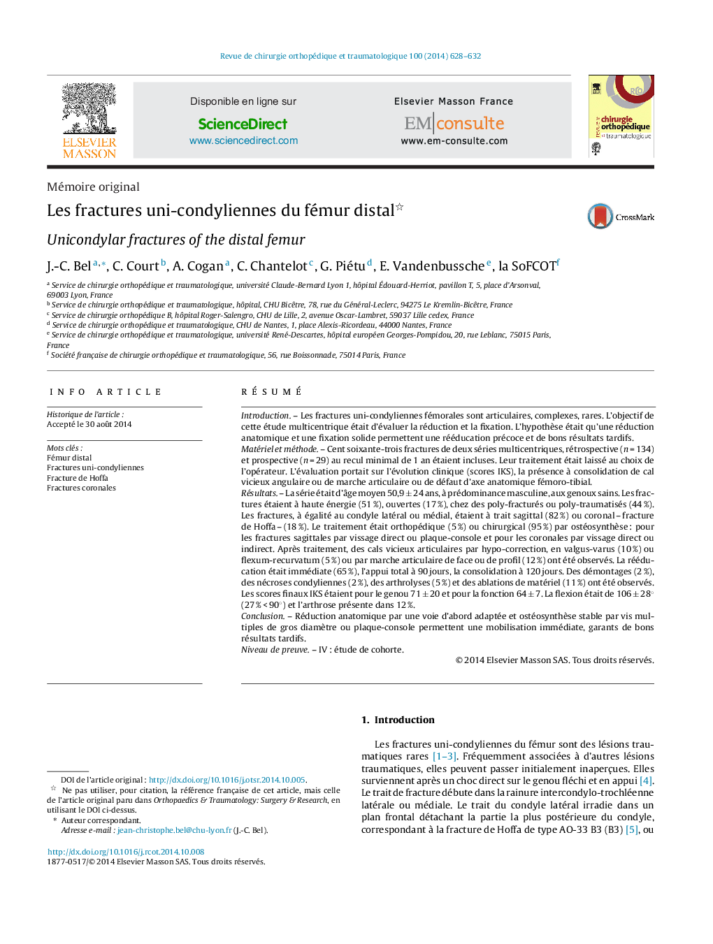 Les fractures uni-condyliennes du fémur distal