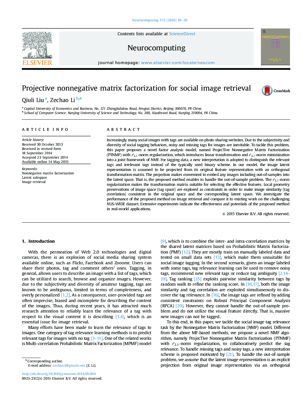 Projective nonnegative matrix factorization for social image retrieval