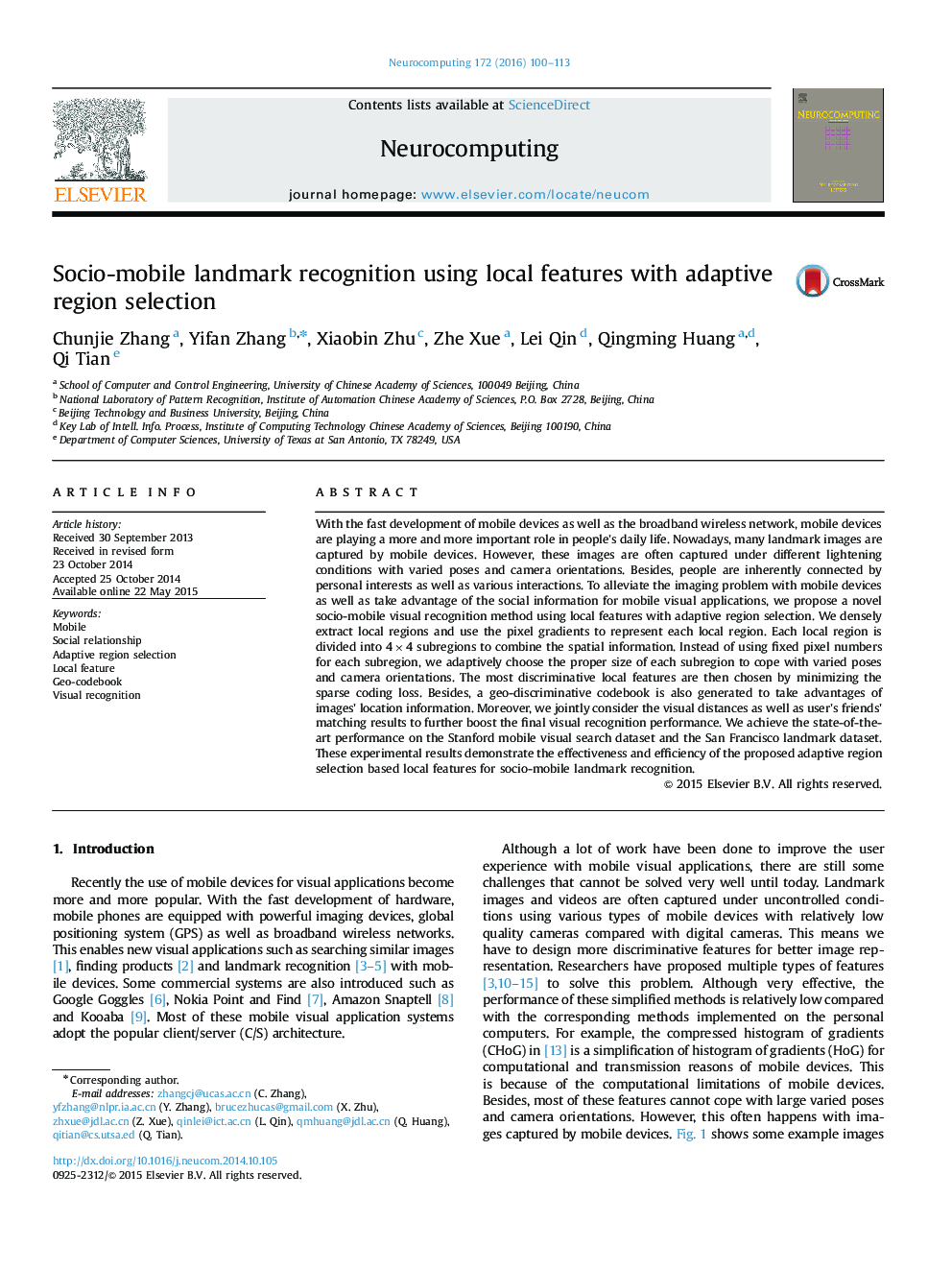 Socio-mobile landmark recognition using local features with adaptive region selection
