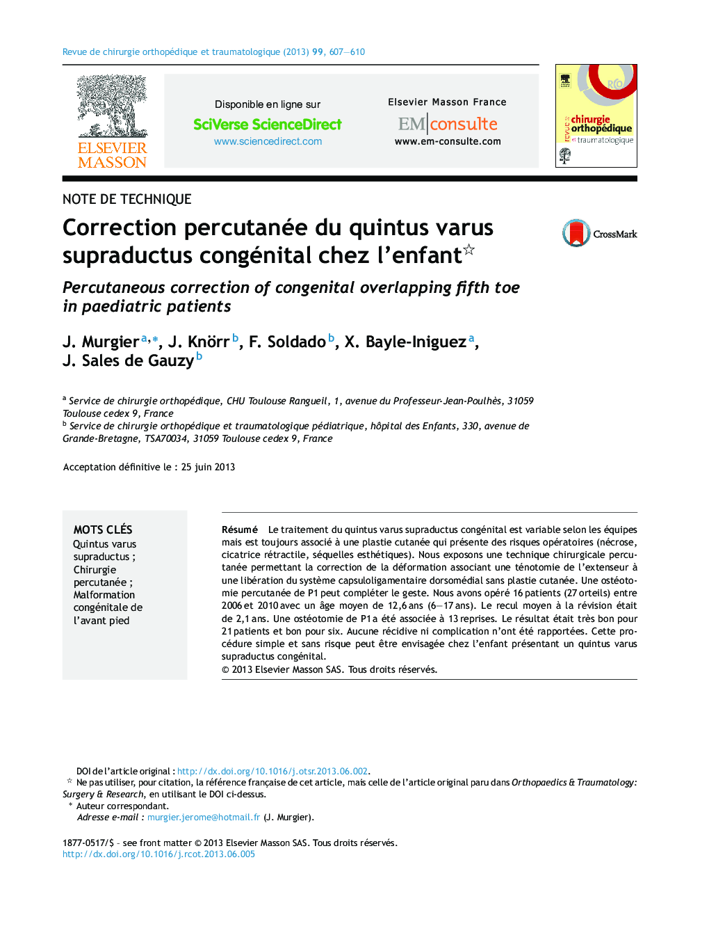 Correction percutanée du quintus varus supraductus congénital chez l'enfant