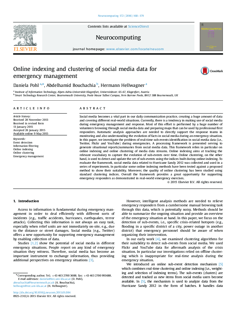 Online indexing and clustering of social media data for emergency management