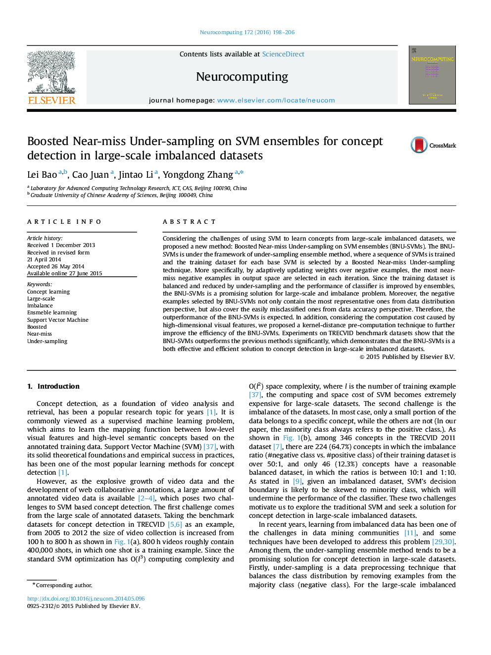 Boosted Near-miss Under-sampling on SVM ensembles for concept detection in large-scale imbalanced datasets