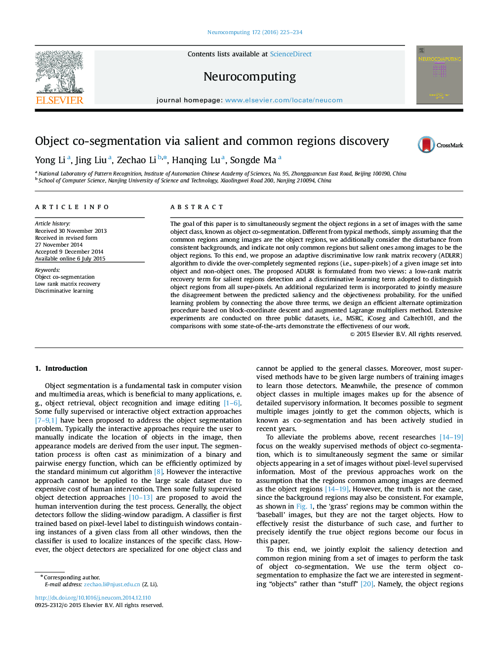 Object co-segmentation via salient and common regions discovery