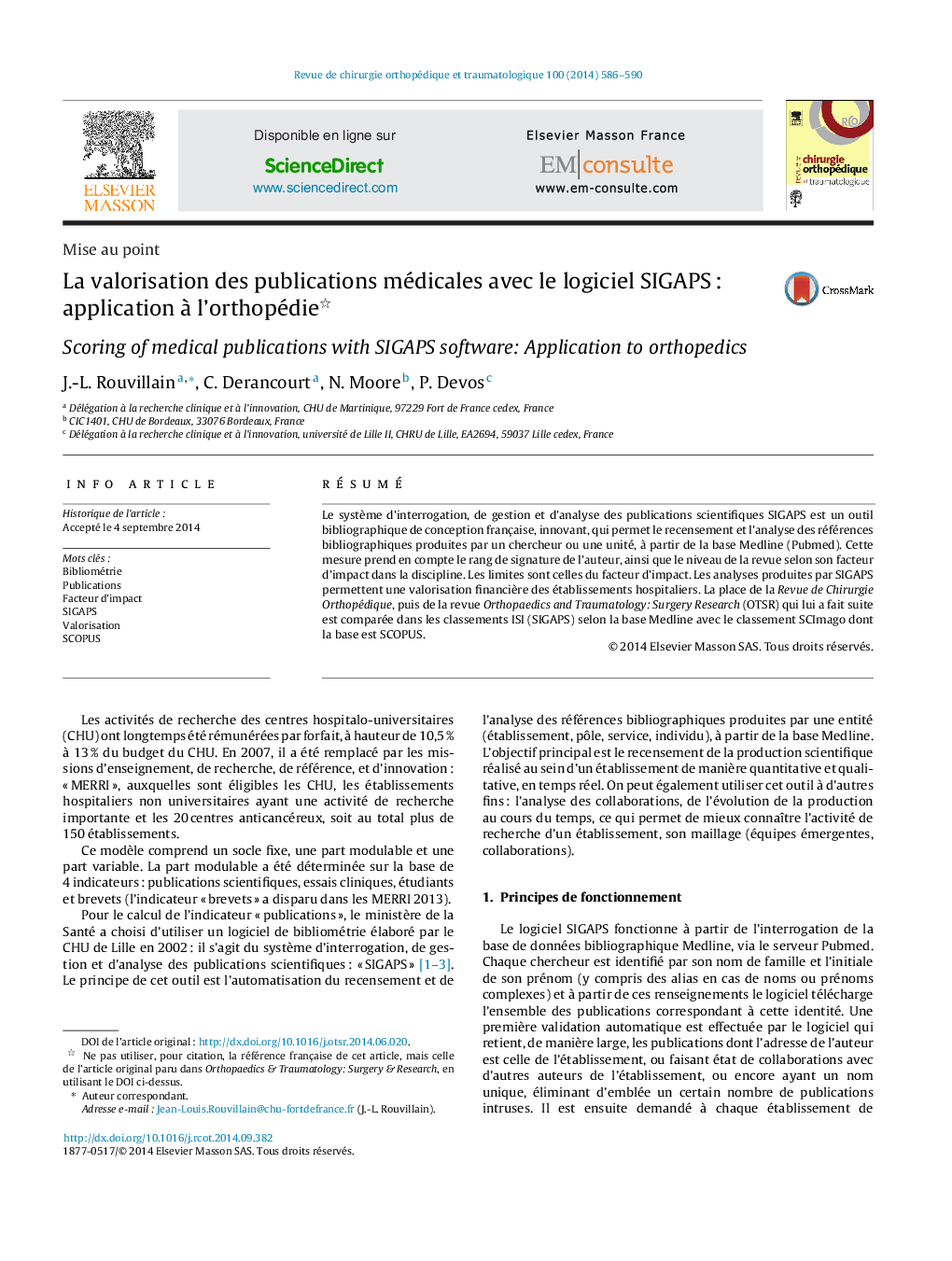 La valorisation des publications médicales avec le logiciel SIGAPS : application à l’orthopédie 